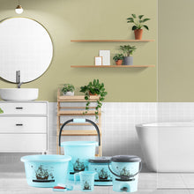 Plastic bathroom accessories set including bucket, dustbin, mug, stool, soap case, and tub, various angles.