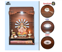 Premium Wooden Pooja Mandir for Home, Office, or Shop – Wall-Mounted with Storage & Built-in LED Spotlight (DIY Installation, 39x25 inch)