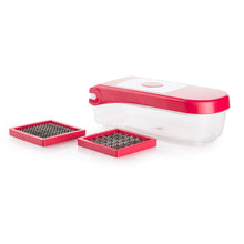 Ganesh plastic chopper in red, used for vegetables and fruits, various perspectives.